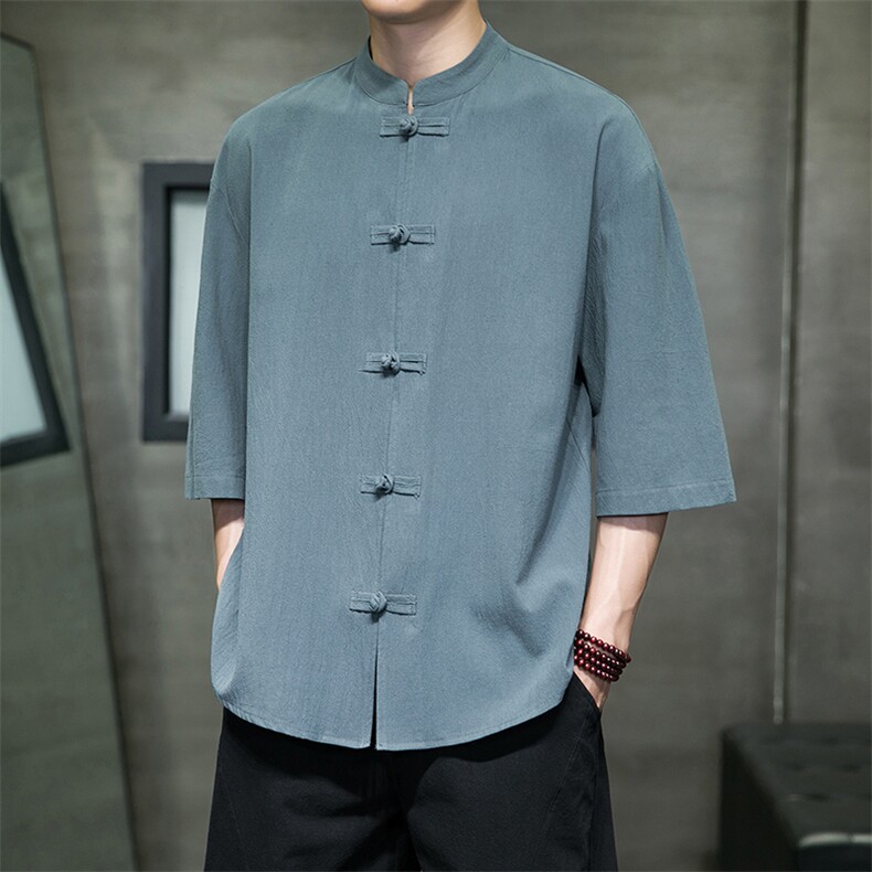 2023风男装盘扣唐装汉服五分袖短袖衬衫衬衣A203A-C11,男装T恤,星座815-1（原A203A）