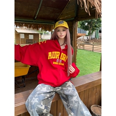 美式复古字母印花插肩袖连帽开衫卫衣秋季男女宽松百搭外套，女装短外套，四季星座505