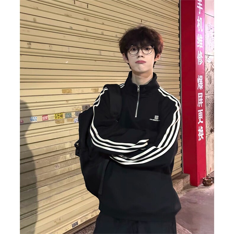 抖音得物美式全棉三条杠立领卫衣半拉链外套印花卫衣A2902,女装短外套,电商A443