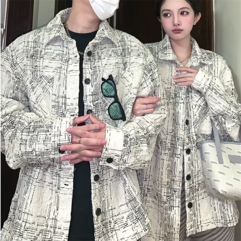 复古小香风衬衣宽松格子外套男女同款格纹长袖春季衬衫情侣潮,男装衬衫,星座1210-1