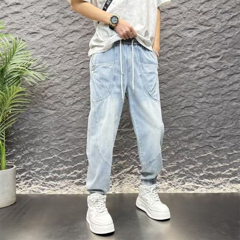 男士2025薄款牛仔裤宽松新款时尚潮流口袋束脚休闲裤复古水洗哈伦,男装牛仔裤,星座506A