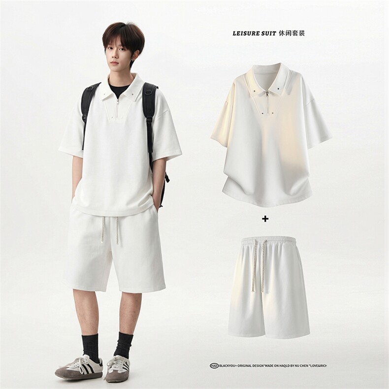 文艺风POLO领短袖套装抽绳短裤宽松cityboy休闲套装T926P55控88,男装牛仔裤,电商A102B