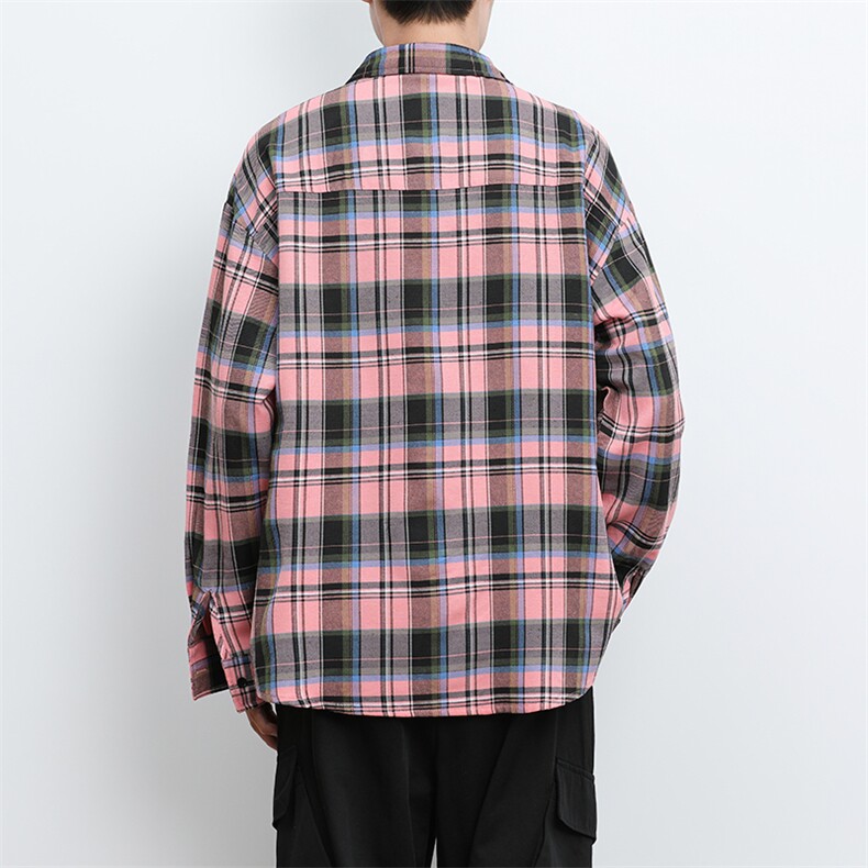 港风大码日子复古贴袋刺绣翻领格子长袖衬衫XZ213-CS8809-P55控68,男装衬衫,星座213