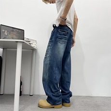 美式街头闪电纹弯刀牛仔裤男秋cleanfit宽松长裤子潮牌RK3033-P45，男装牛仔裤，星座412-3