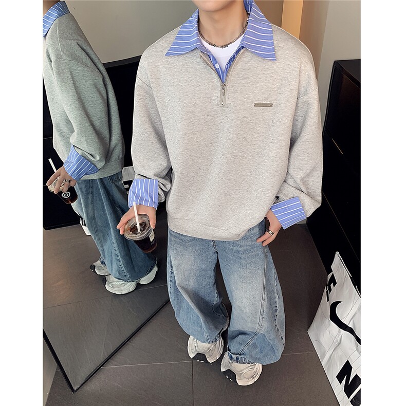 复古条纹拼接翻领假两件卫衣男女秋季灰色宽松外套上衣W100-P58,女装短外套,电商C307