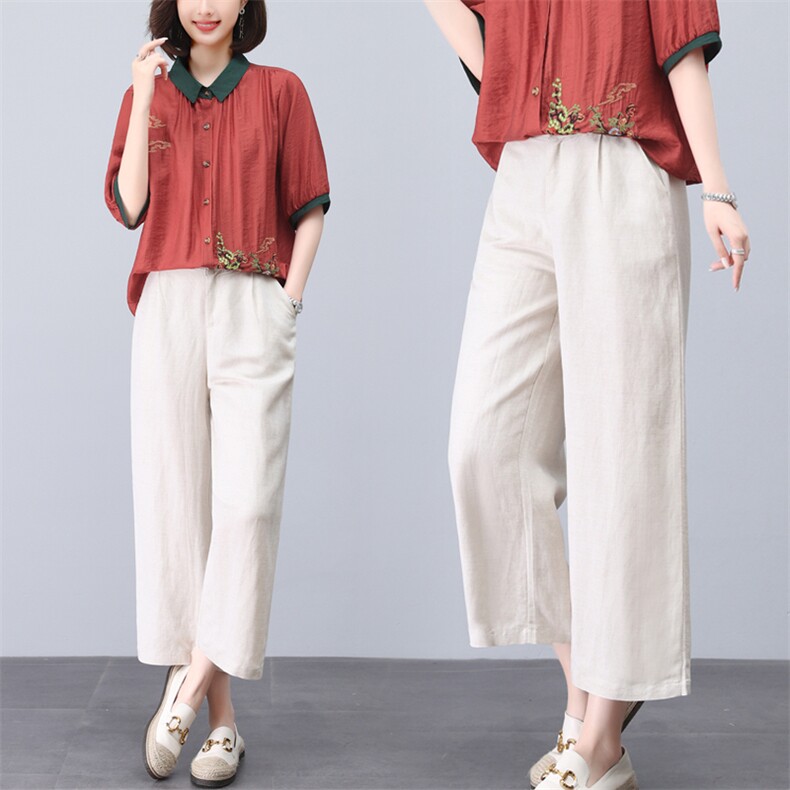 夏季新款高腰棉麻直筒休闲裤松紧腰宽松显瘦薄款亚麻八分阔腿裤女，女装休闲裤，璐依舞