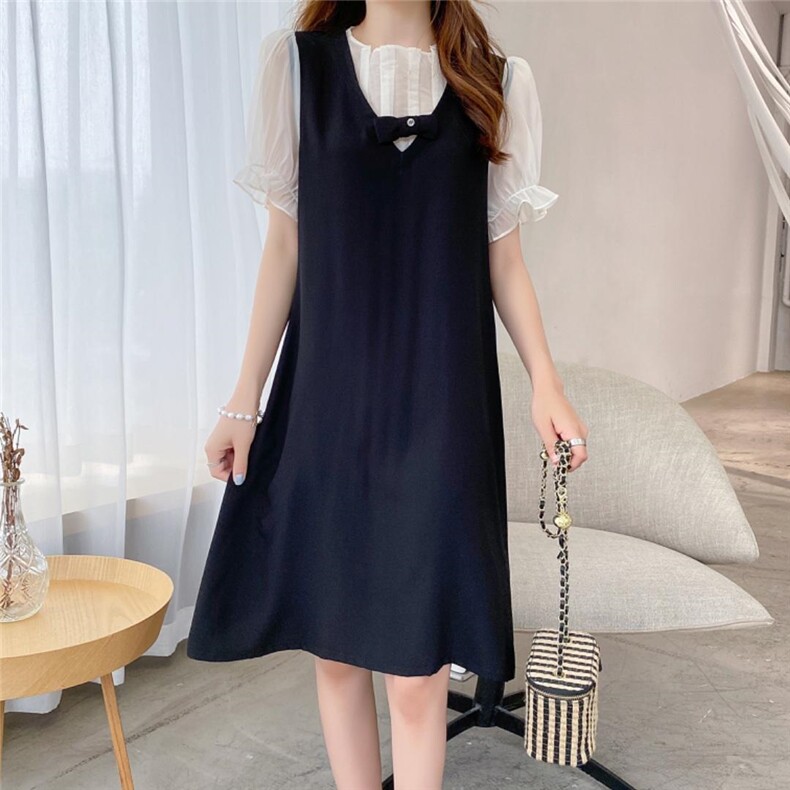 新款气质蝴蝶结拼接假两件A字连衣裙，女装连衣裙，炅缇恩