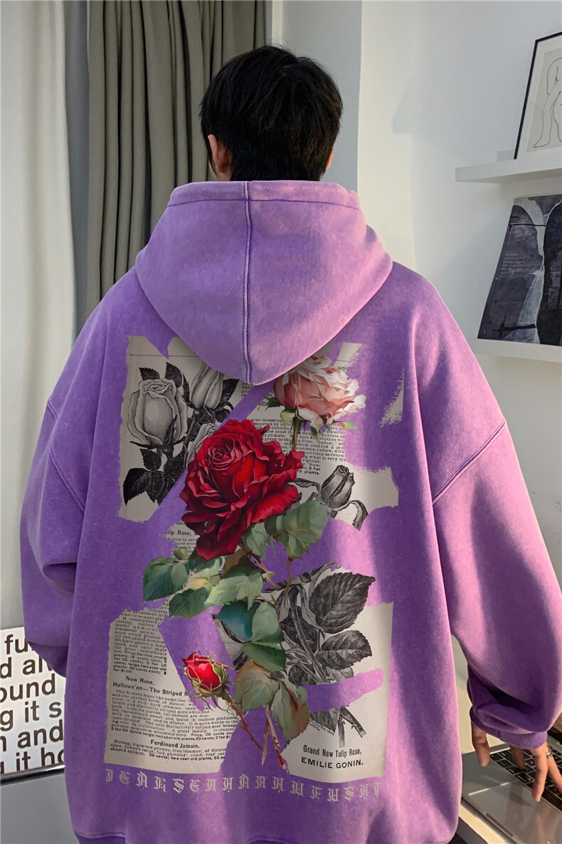 抖音品质美式复古玫瑰印花潮流宽松连帽卫衣JK23393特批53-控88,男装卫衣,星座605(原A050)