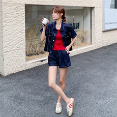 2025夏季女宽松显瘦新款淡人时尚休闲百搭牛仔外套吊带短裤三件套，女装套装/套裙，2D045