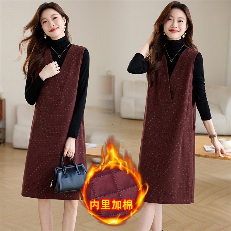 现货波点加棉加厚冬季内搭无袖连衣裙，女装连衣裙，韩派