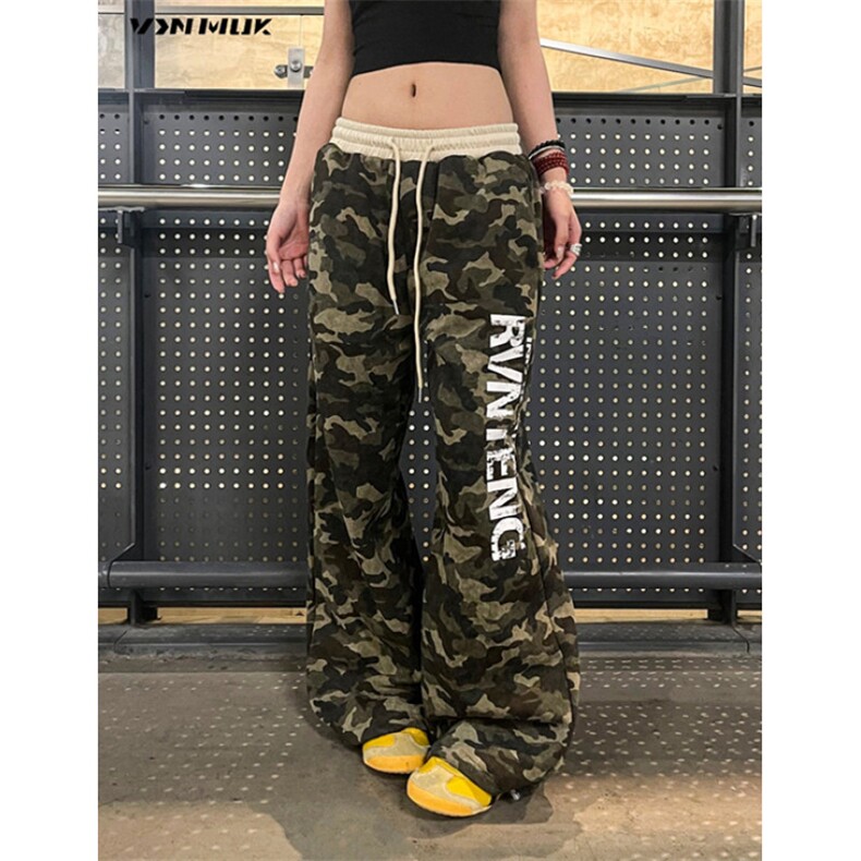 高街做旧印花拼接抽绳迷彩休闲裤女新款直筒宽松阔腿裤KB3121,男装休闲裤,星座1116A（原606A-3）