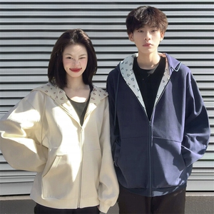 GENIOLAMODE美式碎花连帽卫衣男女新款秋季宽松休闲情侣开衫外套图片