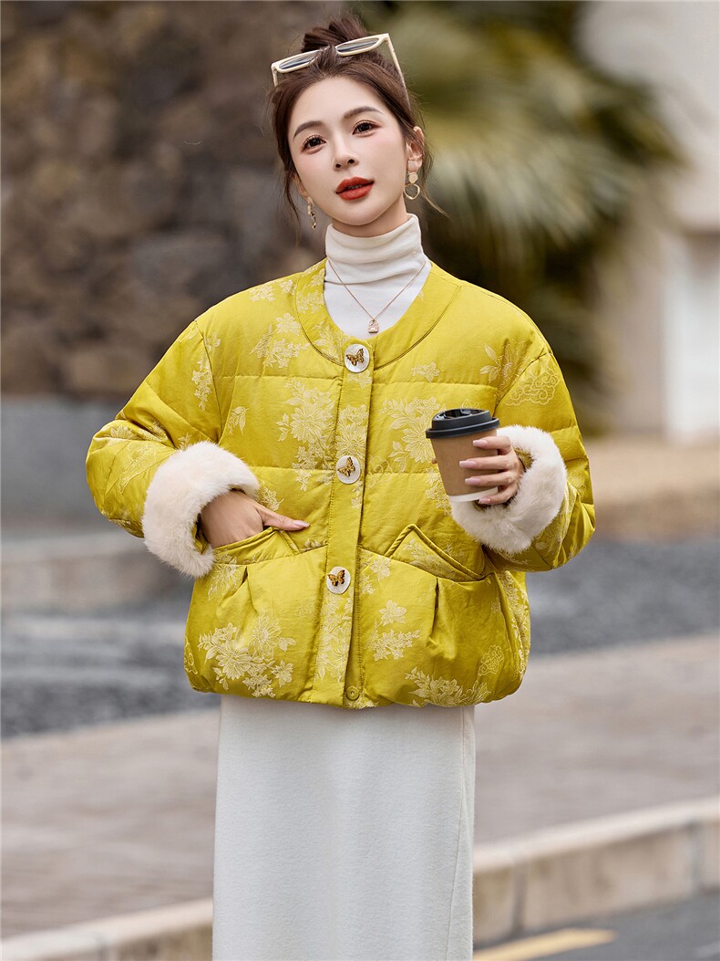 新中式90提花羽绒服2025年冬季新款高级感优雅气质白鸭外套,女装羽绒服,玖莱伊