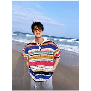 美式条纹撞色针织polo衫宽松夏季新款翻领休闲短袖T恤TY39