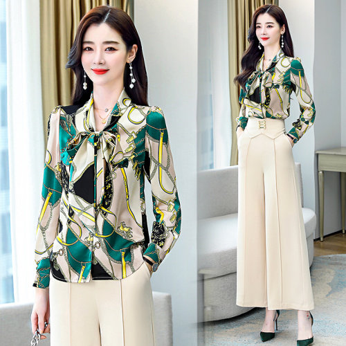 春夏新款印花系带舒适透气衬衣搭高腰阔腿裤洋气减龄两件套高级感，女装套装/套裙，卡杰菲