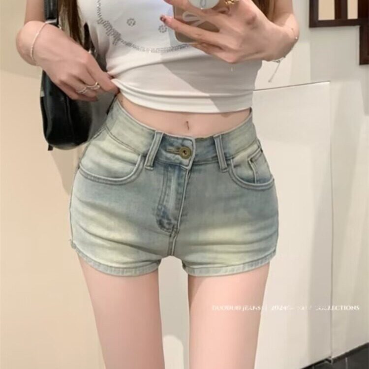 美式复古牛仔短裤女夏季小个子高腰丰胯提臀做旧辣妹紧身包臀热裤图片