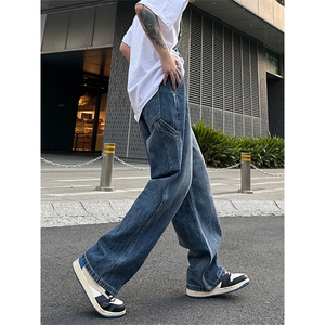 美式高街vibe风直筒长裤欧美痞帅男hiphop复古水洗拼接工装牛仔裤图片