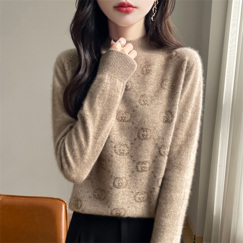 25秋冬一线成衣半高领镶钻100%纯羊毛衫毛衣女宽松羊绒衫针织打底,针织衫/毛衣,昭美羊绒