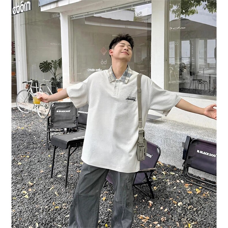 得物抖音品质冰感面料美式印花格子翻领POLO衬衫短袖T恤APL0301,男装T恤,电商A443
