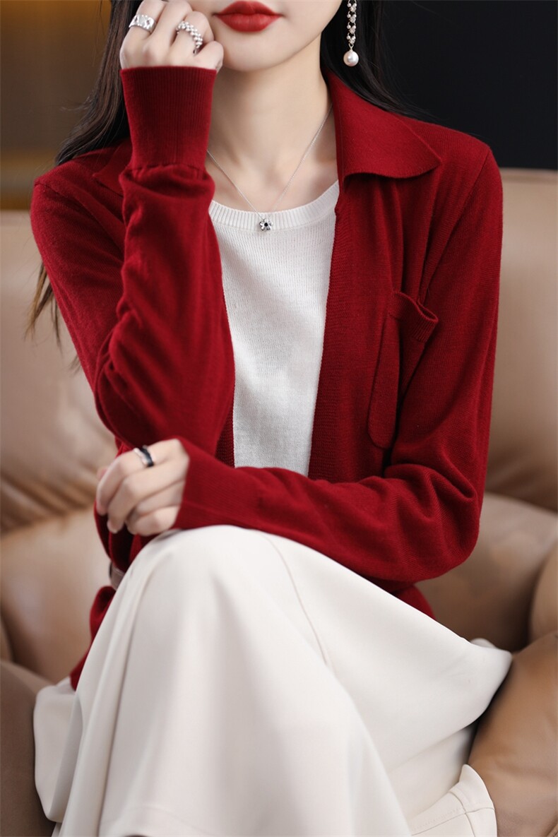 春秋新款精纺羊毛针织开衫外套女POLO领假两件宽松毛衣长袖打底衫,针织衫/毛衣,暖烁羊绒