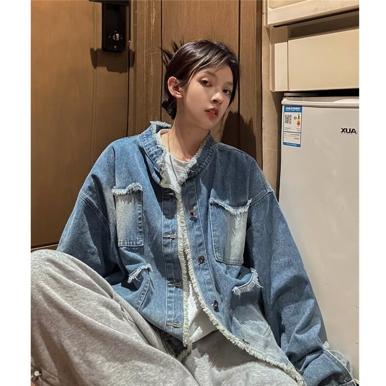 现货美式复古牛仔外套潮牌男士短款春秋季毛边设计高级感痞帅休闲,男装工装外套,星座218-1（原230）