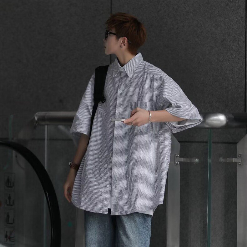 夏衬衫男条纹韩版潮文艺2025新款ins宽松百搭短袖衬衣CY138-P30,男装T恤,星座412-2