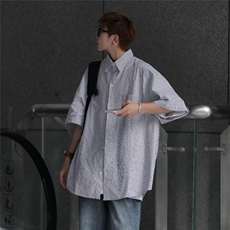 夏衬衫男条纹韩版潮文艺2025新款ins宽松百搭短袖衬衣CY138-P30，男装T恤，星座412-2