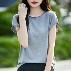 圆领短袖t恤女2025夏季新款薄款卷边宽松冰丝针织上衣，女装T恤，羿纯羊绒高端店