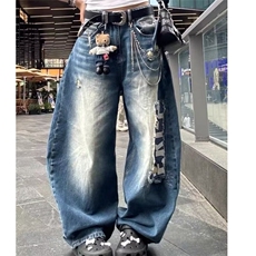 牛仔裤男女重工贴布拼接裤子复古水洗阔腿垂感休闲裤AM7027P53，男装牛仔裤，星座1013-5