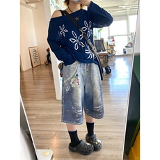 DKN47LL-P60美式复古贴画印花牛仔短裤男宽松直筒七分裤，男装牛仔裤，星座1007（原301D）