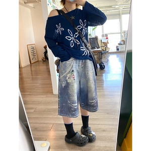 DKN47LL-P60 美式复古贴画印花牛仔短裤男宽松直筒七分裤图片