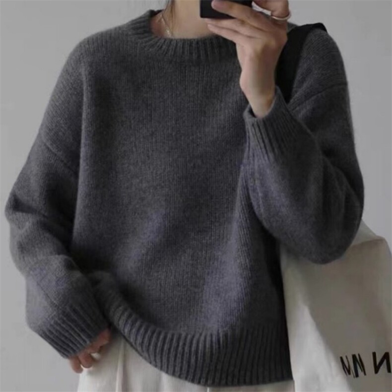 圆领短款纯色羊毛衫女宽松长袖内搭打底针织上衣，女装羊毛衫，旭驰羊绒