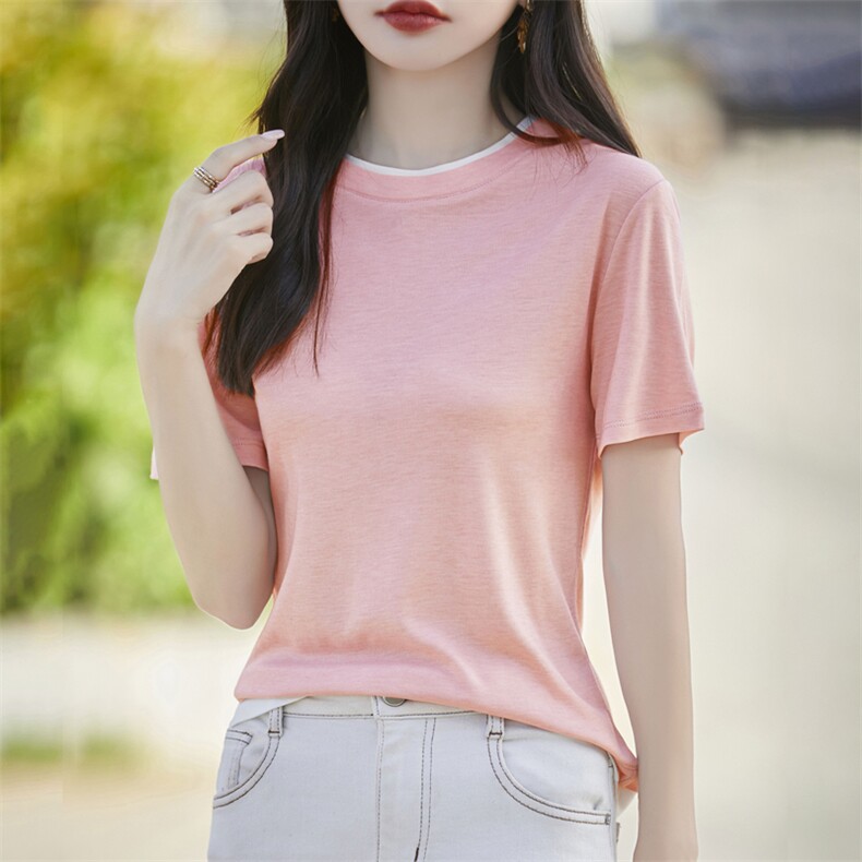 2025新款桑蚕丝天丝短袖透气舒适上衣圆领T恤女款夏装t恤,女装T恤,臻维羊绒