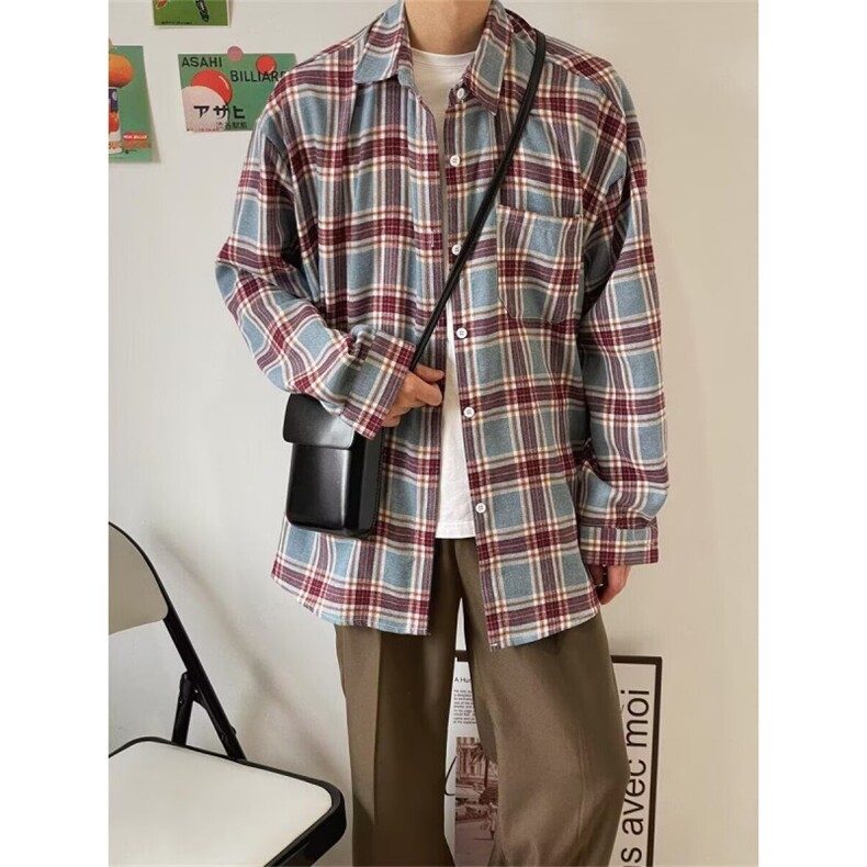 1506/30020/P43新款红蓝色格子衬衫男女宽松美式复古衬衣外套,男装衬衫,星座1506