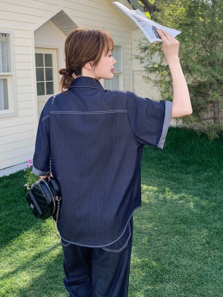 蓝色软牛仔短袖阔腿裤两件套女夏季巨好看韩里韩气独特漂亮一整套,女装套装/套裙,印象茜