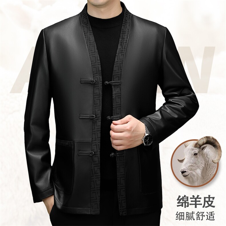 主推秋季新款男绵羊皮唐装夹克外套中老年风唐装皮夹克，男装夹克，钱塘723