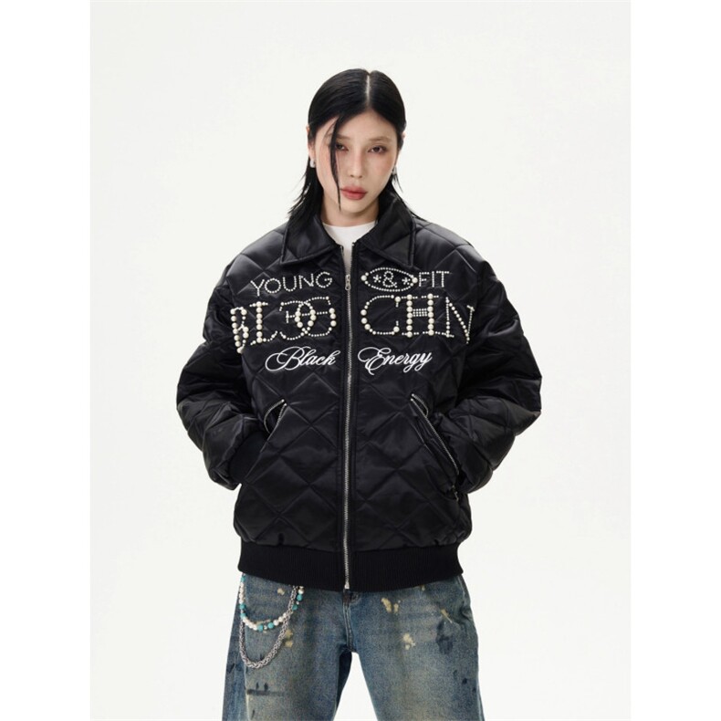 设计感美式刺绣珍珠菱格黑色棉服男女冬季休闲加厚保暖外套,男装棉衣,星座506A
