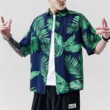 2021夏季新日系大码男无影墙沙滩情侣休闲短袖印花衬衫C3011-P35，男装衬衫，电商A001