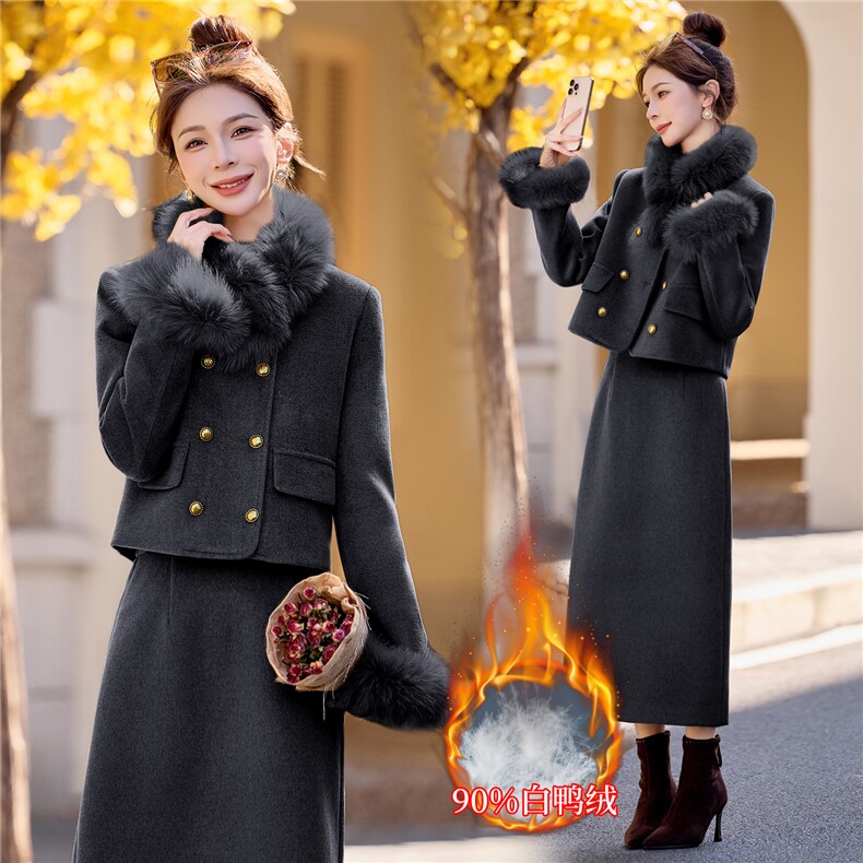 【抖音bao款大货已出】2025年冬装长裙羽绒套装90%白鸭绒狐狸毛,女装套装/套裙,雅静靓衣