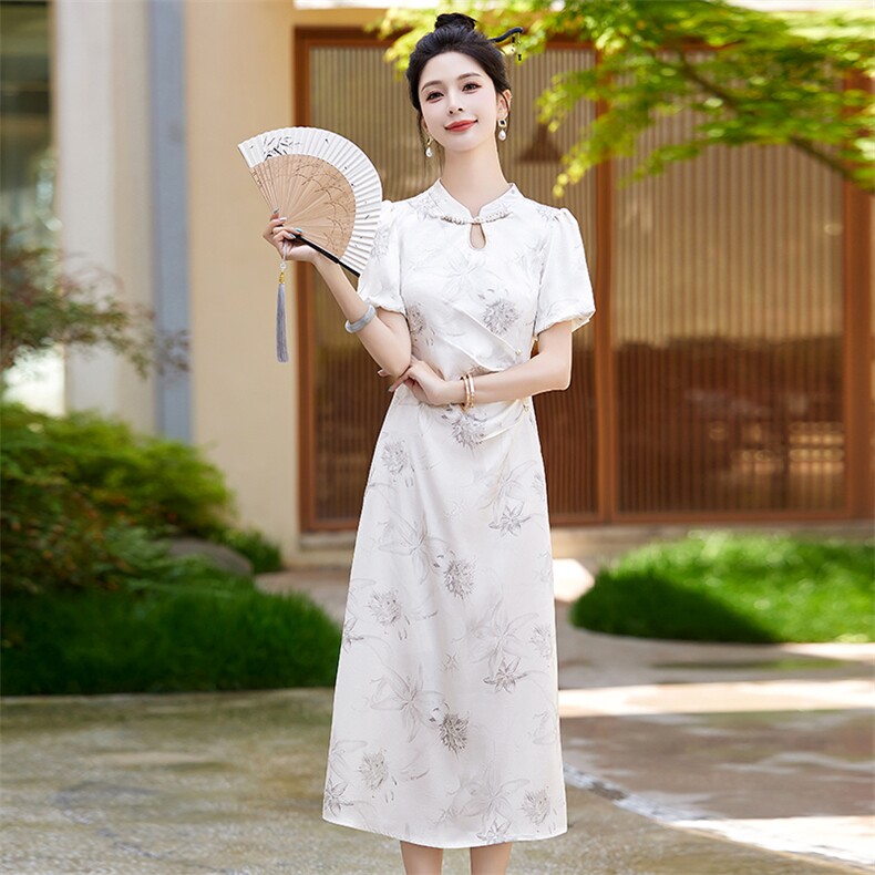 2024年夏季新中式改良旗袍连衣裙新款高级感收腰气质,女装连衣裙,盈茜