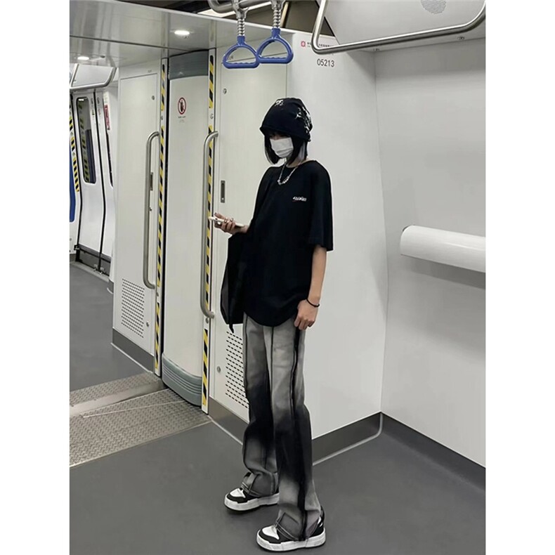 春季黑色扎染渐变牛仔裤男潮牌欧美街头设计感微喇裤LG9377-P48,男装牛仔裤,星座1008