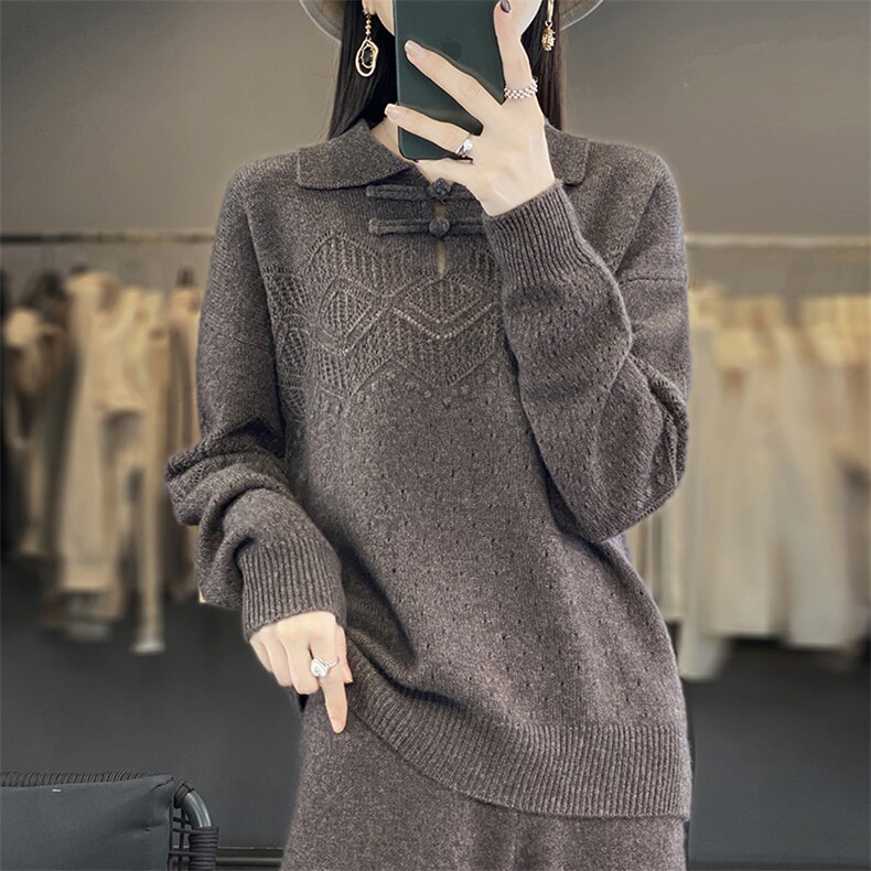 毛衣女新款2024秋冬套头翻领盘扣宽松慵懒针织上衣,女装羊毛衫,江南羊绒