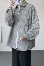 衬衫男秋季新款港风宽松大码立体口袋纯棉条纹长袖衬衣CS3099-P42，男装衬衫，星座214-3