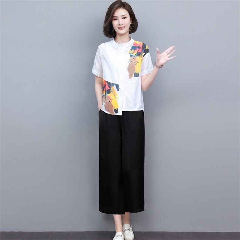 (新品)2024年夏季麻棉两件套女印花T恤阔腿裤中老年妈三年不下架,女装套装/套裙,璐依舞