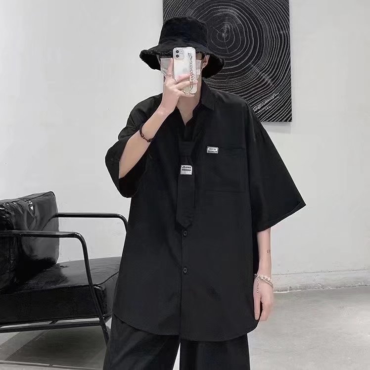 短袖衬衫男ins夏季薄款五分袖衬衣外套宽松潮牌港风上衣潮流百搭,男装T恤,星座1210-1