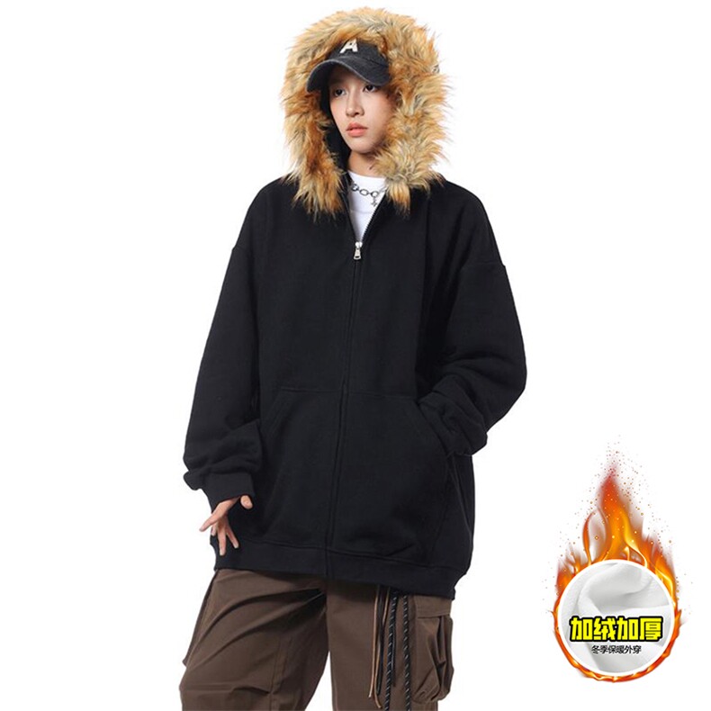 480G重磅加绒硬挺boxy秋冬美式高街超大毛领座山雕连帽卫衣厚外套，女装短外套，电商A486