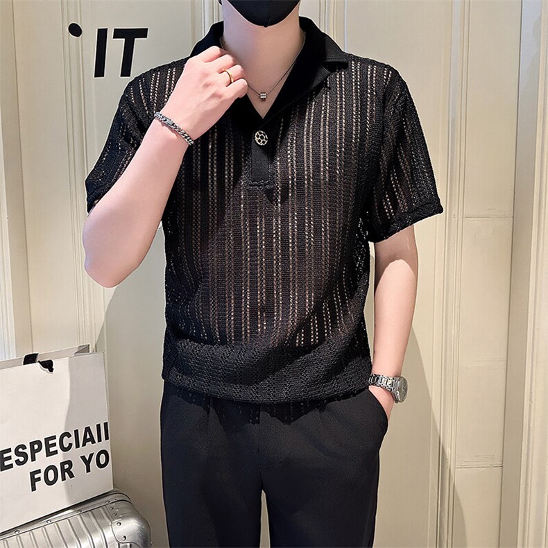 店主风社会小伙男士镂空V领短袖Polo衫翻领T恤男301A-1/PL98/P48,男装T恤,星座301A-1