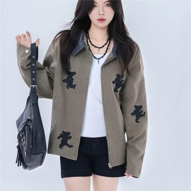 TH0752-P70网图翻领小熊拉链毛衣开衫女外套秋装新款韩版针织上衣,男装针织衫/毛衣,电商C233
