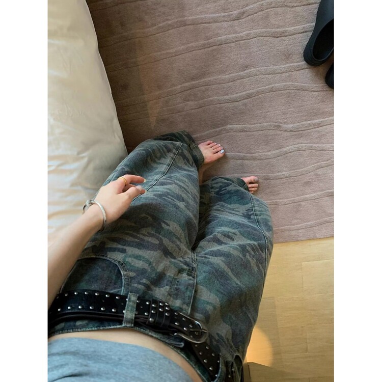 美式复古迷彩阔腿牛仔裤女夏季新款街头辣妹宽松廓形拖地弯刀长裤,女装休闲裤,星座218-8