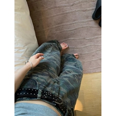 美式复古迷彩阔腿牛仔裤女夏季新款街头辣妹宽松廓形拖地弯刀长裤，女装休闲裤，星座218-8